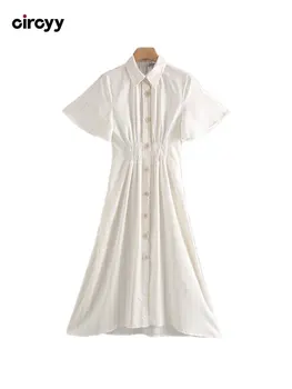 Женское платье, платья в полоску с коротким рукавом, однобортное, с отложным воротником, Офисное Женское платье трапециевидной формы, летняя мода 2023 года
