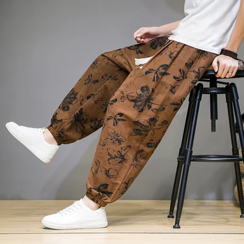 Мужские брюки в китайском стиле, весенне-летние Тонкие дышащие хлопчатобумажные льняные брюки, мужские шаровары, повседневные брюки с принтом, свободные брюки, мужские брюки