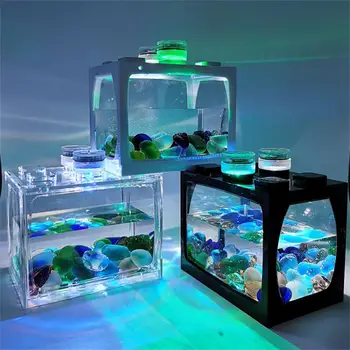 Новый небольшой аквариум для рыб с семицветной светодиодной подсветкой Настольный Креативный Микроландшафтный Экологический Аквариум DIY Mini Tropical Fish Aquarium