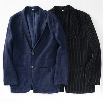 Мужской темно-синий 95% Льняной Блейзер, куртка 2023 года выпуска, новое освежающее дышащее спортивное пальто, Стильные повседневные однотонные куртки в стиле ретро