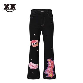 Модные джинсовые брюки в стиле хип-хоп, мужские и женские джинсовые брюки с буквенным принтом из мультфильма Harajuku, прямые выстиранные повседневные джинсовые брюки Оверсайз