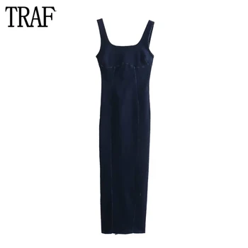 Синие джинсовые длинные платья TRAF для женщин, Джинсовое платье макси-комбинация, Женское облегающее летнее платье, Женское платье на широких бретелях 2023