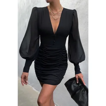 Европейское и американское новое женское черное шифоновое платье с длинным рукавом и V-образным вырезом, юбка-карандаш, юбка