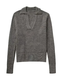 Женские 2023 Осенние новые повседневные поло с отложным воротником, вязаный пуловер для девочек, прямые однотонные свитера с длинными рукавами для девочек